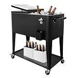 80 QT Rolling Cooler Cart on Wheels, Outdoor Backyard Cooler Trolley with Large Storage Space, Portable Drink Beverage Bar for Patio Pool Party, Ice Chest with Shelf and Bottle Opener, Black