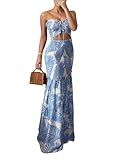 CHICME Floral Printed Prom Dress Drawstring Ruched Shirred Bandeau Party Dress Slim Fit Ruffle Hem Wedding Guest Dresses Blue-M