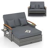 LDAILY Moccha Outdoor Wicker Daybed, Patio Rattan Loveseat Sofa w/ 4-Level Adjustable Backrest, Folding Panels, Storage Ottoman & Cushions, Lounge Furniture Set for Poolside Backyard Porch (Grey)