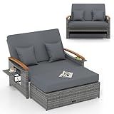 LDAILY Moccha Outdoor Wicker Daybed, Patio Rattan Loveseat Sofa w/ 4-Level Adjustable Backrest, Folding Panels, Storage Ottoman & Cushions, Lounge Furniture Set for Poolside Backyard Porch (Grey)
