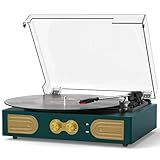 Vinyl Record Player with Bass & Treble Control, Vintage 3-Speed Turntable with Built-in Speakers, Belt-Drive LP Player with Headphone Jack, RCA/AUX Outputs, Dark Green