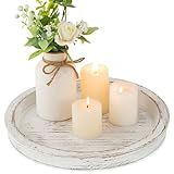 Hanobe Candle Plate Holder Tray: Round White Wood Decorative Tray Decor - Rustic Farmhouse CoffeeTable Decor - Tealight Pillar Trays for Home Decor
