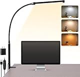 Voncerus LED Desk Lamp with Clamp, Eye-Caring Clip on Lights for Home Office, 3 Modes 10 Brightness, Long Flexible Goose-Neck, Metal, Swing Arm Architect Task Table Lamps with USB Adapter, Black