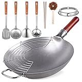 Teewe Carbon Steel Wok Traditional Hand Hammered - 13.4" Chinese Woks Round Bottom Wok Pan Set with 8 Pcs Cookware Accessories