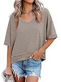 Cicy Bell Womens Summer V Neck T Shirts Casual Short Sleeve Flowy Tops Cute Loose Fit Basic Tees Khaki