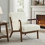 DUMOS Mid Century Modern Accent Chair, Upholstered Armchair with Lumbar Pillow and Solid Wood Frame, Comfy Reading Chair for Small Living Room, Bedroom, Guest Room, Beige