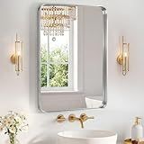 Sweetcrispy Bathroom Mirror 30x22 Inch Metal Framed Rounded Rectangle Vanity Mirror for Wall, Over Sink, Farmhouse, Restroom, Anti-Rust, Modern Decorative, Horizontal or Vertical Hanging, Silver