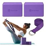 Gaiam Essentials Yoga Block 2 Pack & Yoga Strap Set, Deep Purple, 9"W x 6"H x 4"D