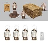 LLQ Vintage Decorative Lanterns with Remote, Camping Party Decorations, Table Centerpiece, Indoor & Outdoor Hanging Lanterns, Christmas Halloween Wedding Party Decor, 4-Pack (Bronze Brushed)