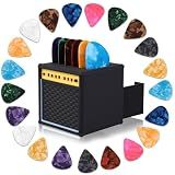 Dexspoeny 22Pcs Guitar Picks Holder Box, Vintage Amp Guitar Pick Holder with 21 Celluloid Guitar Picks, 3D Printed Retro Pick Storage Box & Display Stand for Guitarists and Music Enthusiasts
