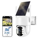 Solar Security Cameras Wireless Outdoor, 5G Solar Camera Outdoor Wireless, Battery Powered Wire-free WiFi Cameras for Home Security, 360° PTZ, AI Human Detection, Color Night Vision, Work with Alexa