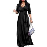 Mrskoala Women Plus Size Long Maxi Wrap Dresses Summer Sundress V-Neck 3/4 Sleeve Black XL