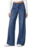 Sidefeel Womens Wide Leg Jeans High Waisted Straight Leg Stretchy Jeans Trendy Seamed Front Loose Denim Pants Blue Size 12
