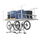 FLEXIMOUNTS 4x8 Overhead Garage Storage Rack w/Hooks Adjustable Ceiling Storage Racks, 96" Length x 48" Width x 40" Height, 22''-40" Ceiling Dropdown, White