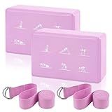 2 Yoga Block and Yoga Strap Set, FHDUSRYO High Density EVA Foam Blocks, Non-slip Yoga Bricks with 6ft Strap, Supportive Latex-Free Yoga Block Kit to Improve Balance and Flexibility (Pink, 9×6×3")