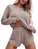Ekouaer Womens Waffle Knit Pajama Sets Long Sleeve Top and Shorts Matching Lounge Set Sleepwear Loungewear Sweatsuit with Pockets A-Light Khaki Medium