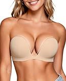 Upushall Strapless Push Up Bras for Women Padded Deep Plunge U Shape Halter Non Slip Seamless Bra 32D, Nude