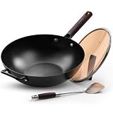 SUMEIGUAN 13.5" Pre-Seasoned Flat Bottom Carbon Steel Wok with Lid Spatula