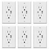 TOPGREENER USB Outlet, Type C & Type A USB Wall Outlet, 15 Amp Tamper Resistant Receptacle Plug, Charging Power Outlet with USB Ports, Wall Plate Included, UL Listed, TU21536AC-W-6PCS, White, 6 Pack