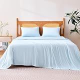 Amazon Basics Cooling Sheets, 4-Piece Bed Sheet Set for Summer, Soft and Breathable for Hot Sleepers, Bedding with 1 Deep Pocket Fitted Sheet, 1 Flat Sheet, and 2 Pillowcases, Queen, Blue