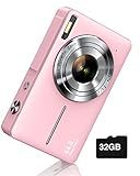 Digital Camera, FHD 1080P Digital Point and Shoot Camera with 16X Zoom Anti Shake, 32GB Card, Compact Small Camera for Boys Girls Kids, Pink