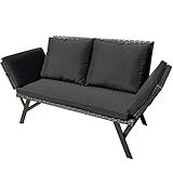 Greesum Outdoor Sofa, Woven Rattan Patio Furniture, Convertible Daybed or Double Chair with Adjustable Armrests, Cushions and Pillows for Yard, Porch, Pool, Black Lounger & Black Pillowcase