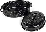 16 Inch Roasting Pan with Lid - Covered Oval Roaster - Enamel Carbon Steel Roaster Pot - Excellent Heat Distribution and Non-sticky - for Turkey Chicken Meat & Vegetables -Birthday and Holiday gifts