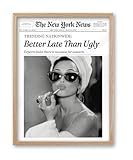 iHery Natural OAK Wood Audrey Hepburn Newspaper Trendy Framed Wall Art, 12x16 in Vintage Headline Canvas Bedroom Wall Decor, Better Late Than Ugly,Bathroom Artwork Apartment Girly Dorm Room 1Pack