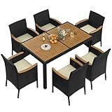 Yaheetech 7 Piece Patio Furniture Set, Outdoor Dining Acacia Wood Table Top Rattan Conversation Set with Soft Cushions, 6 Chairs & 1 Table for Backyard, Deck, Garden & Yard, Black/Beige