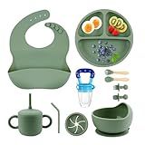 SHGMEET Silicone Baby Feeding Set, BPA Free Baby Feeding Essentials, Baby Suction Bowl, Plates, Bib, Spoons set, Baby Led Weaning Supplies to Develop Self-feeding Skills(Green, No Lid)