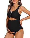 Charmo Maternity Bathing Suit One Piece Ruched Scoop Neck Swimsuit Scallop Edges Cut-Out Pregnancy Swimwear Black M