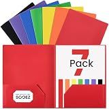 Sooez 7 Pack Folders with Pockets, 2 Pocket Folders with Extra Labels, Plastic Folder with Pockets, Heavy Duty File Folder Bulk, School Business Office Filing Supplies