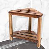 IBosins Corner Shower Stool with Storage Shelf Shower Foot Rest for Shaving Legs Small Bench for Inside Shower to Sit on Bath Seat - Acacia Wood