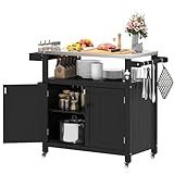 Sunnibety Weatherproof HIPS Outdoor Kitchen Island with Stainless Steel Top & Storage Cabinet, Movable Prep Table with Wheels for BBQ Food Prep, Outdoor Grill Cart for Parties, Black