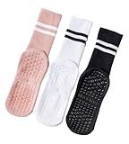 INANIR Pilates Socks With Grips for Women: Cute Non Slip Crew Gripper Yoga Sock - Grippy Sticky for Hospital/Dance Barre/Workout - Elderly Postpartum Slipper 3-Pair Set Size S/M 5-10