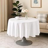 Lusofie 35 Inch White Table Cloth Round - Polyester Small Round Tablecloth Washable - White Circle Tablecloth Scalloped Edge for Kitchen Dining Party Wedding Camping
