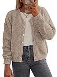 PRETTYGARDEN Fall Long Sleeve Cardigans for Women Trendy 2026 Lightweight Button Down Crewneck Loose Knit Sweater Clothes (Light Khaki,Large)