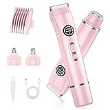 4-in-1 Bikini Trimmer for Women, Dual Head Electric Razors Shaver | Painless Bikini, Body & Facial Hair Remover | IPX7 Waterproof for Wet/Dry Use | Includes Nose & Eyebrow Trimmer Heads(Pink)