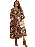 Women's Floral Maxi Dress 2025 Spring Long Sleeve Square Neck Smocked Casual A Line Long Flowy Boho Party Dresses with Pockets Plus Size Green Floral Print XL