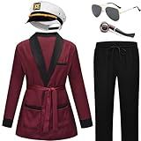 EFORLED Halloween Captain Robe, Red Jacket Silk Pants,Captain Hat Halloween Costumes Accessories for Men,M