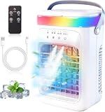 2026 New 4-in-1 Portable Air Conditioner, Sound ≤30dB Mini AC Unit, 12H Runtime, 1000ML Evaporative Air Cooler, 3 Speed & 2 Mist, Remote, USB, Timer, 7-Color LED for Bedroom Office Car(1PCS)