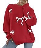PRETTYGARDEN Fall Long Sleeve Pullover Sweaters for Women 2026 Trendy Crewneck Casual Cute Bow Chunky Knit Oversized Sweater (Red,Medium)