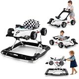 INFANS 4 in 1 Baby Walker, Foldable Toddler Activity Center with Adjustable Height, Padded Seat, Music, Light, Removable Tray, Push Walker for Girls Boys Aged 6-18 Months (Ivory)