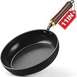 BrBrGo Enameled Carbon Steel Skillet, 11-Inch Nonstick Frying Pan, Stay-Cool Wooden Handle, Non Toxic, PTFE & PFOA Free Oven-Safe, Season-Free Carbon Steel Pan