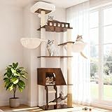 Hey-brother Wooden Cat Tree, 69.7 inch Cats Furniture Tower with Large Platforms, Hammocks, Spacious Condo, Full Sisal Scratching Posts, Ladder, Brush, Water Proof Surface, Rustic Brown MPJ121SR