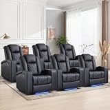 ANJ Home Theater Seating Power Recliner Set of 6 with Arm Storage, Faux Leather Recliner Sofa with LED Light, Electric Movie Reclining Chairs with USB Ports & Cup Holders for Media Living Room, Black