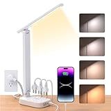 One Beat Small LED Desk Lamp Power Strip 5ft Extension Cord with 3 Outlets 4 USB Ports(2 USB C), 4 Modes, 5 Level Touch Lamp Study Reading Light, Home Office Bedroom College Dorm Room Essentials,White
