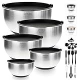 Deedro Premium Mixing Bowls With Airtight Lids Set, 22Pcs Thicker Stainless Steel Mixing Bowl Set, Large Prep Metal Bowls, Non-Slip Silicone Base Nesting Bowls for Kitchen, 1.5/2/3/4/5 QT, Black