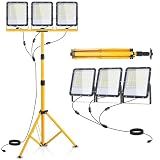 50000Lumen LED Work Lights with Stand - 3 Head Portable Work Light with IP65 Waterproof, Adjustable Stand, 16ft Cord for Construction Sites, Garage, Warehouse Lighting - Indoor Outdoor