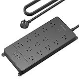TROND Surge Protector Power Strip, 4000 Joules, ETL Listed, 13 Widely-Spaced Outlets Expansion with USB C Ports, Low-Profile Flat Plug, Wall Mountable, 5ft Extension Cord, 14AWG Heavy Duty, Black